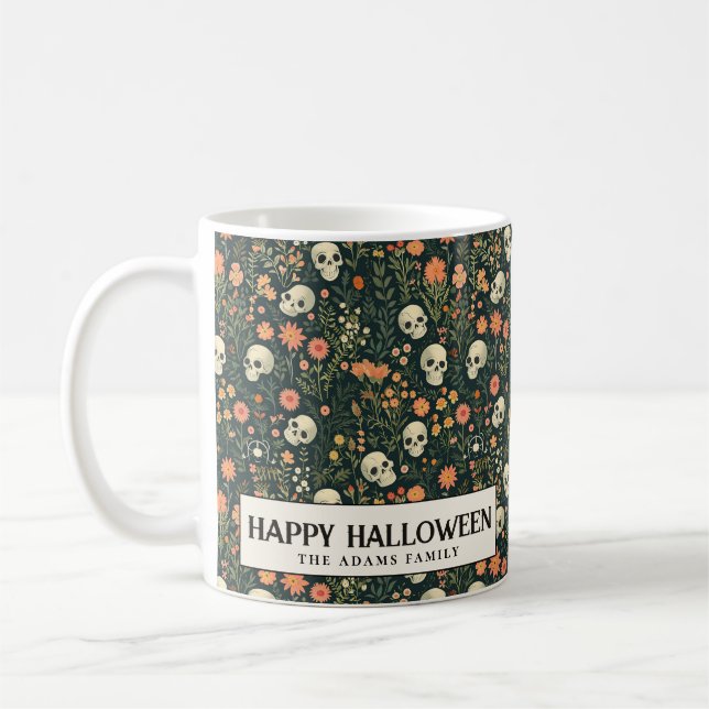Schädel und Blume Grünes Halloween Kaffeetasse (Links)