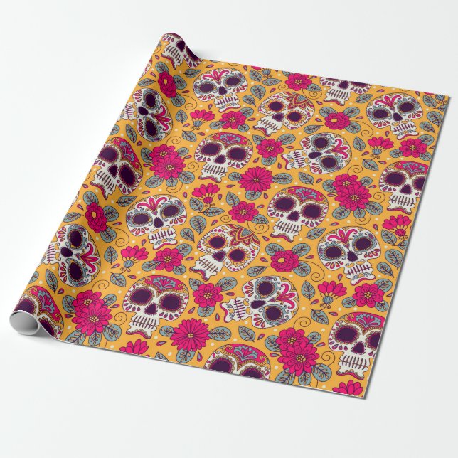Schädel und Blume. Nahtloser Hintergrund. Mexikani Geschenkpapier (Ungerollt)