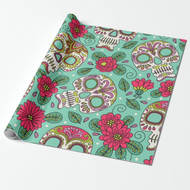 Schädel und Blume. Nahtloser Hintergrund. Mexikani Geschenkpapier (Ungerollt)