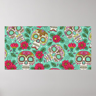 Schädel und Blume. Nahtloser Hintergrund. Mexikani Poster