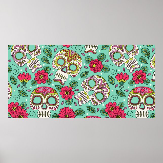 Schädel und Blume. Nahtloser Hintergrund. Mexikani Poster (Vorne)