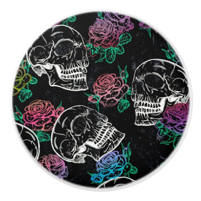 Schädel und dunkle Rose | Funky Glam Ombre Grunge Keramikknauf (Vorderseite)
