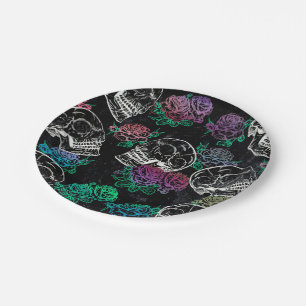 Schädel und dunkle Rose   Funky Glam Ombre Grunge Pappteller
