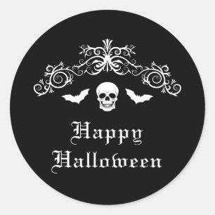 Schädel und Fledermäuse Frohes Halloween Schwarz u Runder Aufkleber