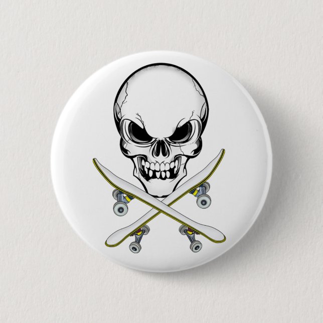 Schädel und gekreuzter Skateboard-Knopf Button (Vorderseite)