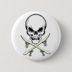 Schädel und gekreuzter Skateboard-Knopf Button
