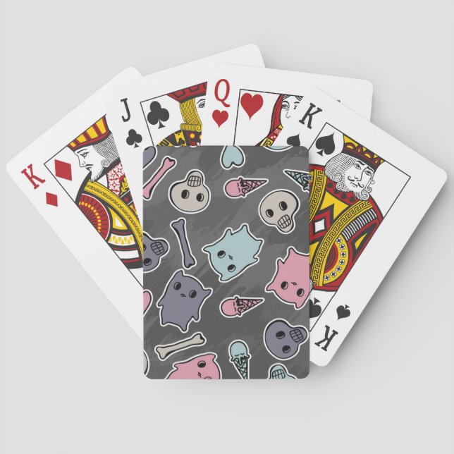Schädel und Herzen auf schwarzem Hintergrund Spielkarten (Rückseite)