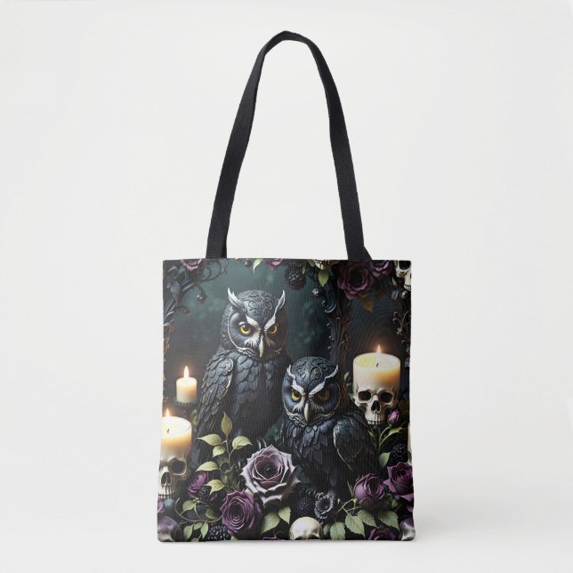 Schädel und Kerzen der schwarzen Eule Tasche (Vorderseite)