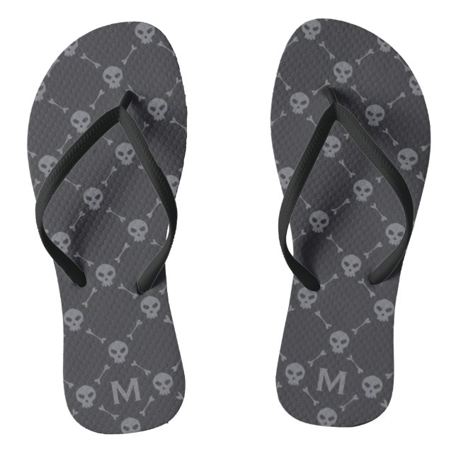 Schädel und Knochen im Karomuster Grau Monogramm Flip Flops (Fußbett)