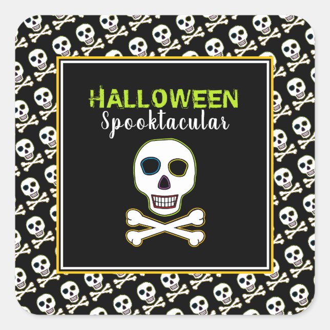 Schädel und Knochen, Neon-Halloween-Party Quadratischer Aufkleber (Vorderseite)