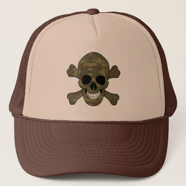 Schädel und Kreuzknochen aus Camouflage Truckerkappe (Vorderseite)