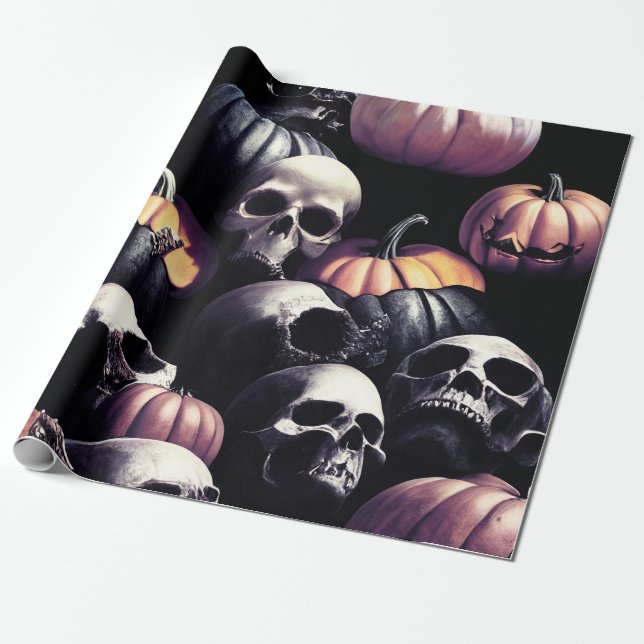 Schädel und Kürbis, Halloween-Thema, dunkle Farbe Geschenkpapier (Ungerollt)