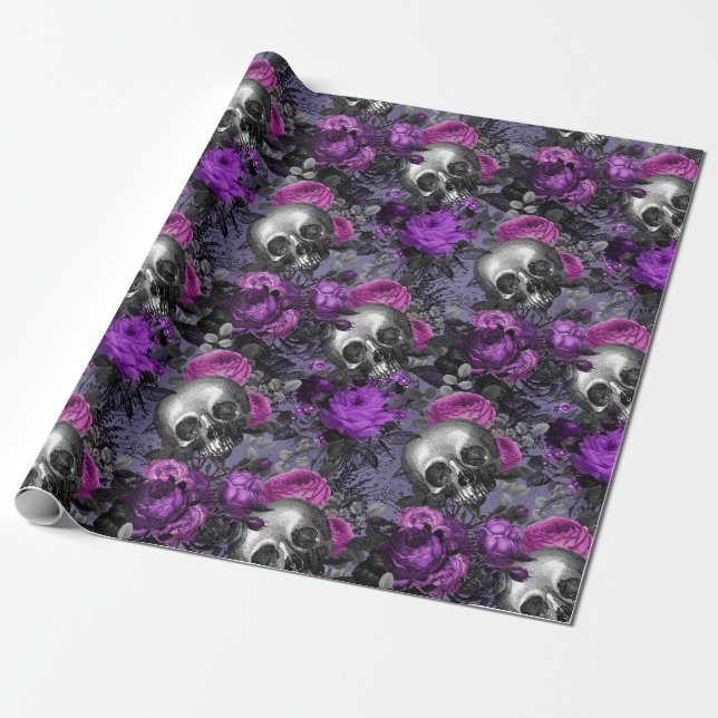 Schädel und Lila Rose auf Lila Licht Geschenkpapier (Ungerollt)