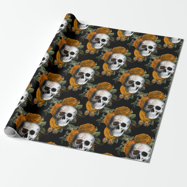 Schädel und orange Blume auf schwarz Geschenkpapier (Ungerollt)