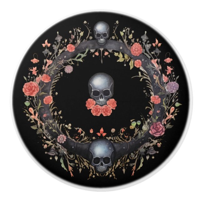 Schädel und rosa Blume Keramikknauf (Vorderseite)
