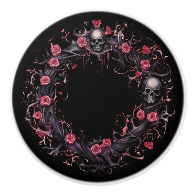 Schädel und rosa Rosen Keramikknauf (Vorderseite)