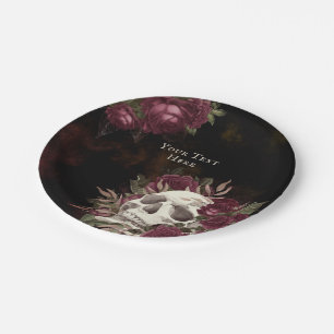 Schädel und Rose Burgund Black Grunge Personalisie Pappteller