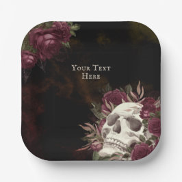 Schädel und Rose Burgund Black Grunge Personalisie Pappteller