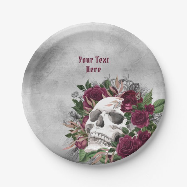 Schädel und Rose Burgund Maroon Grau Personalisier Pappteller (Vorderseite)