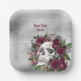 Schädel und Rose Burgund Maroon Grau Personalisier Pappteller