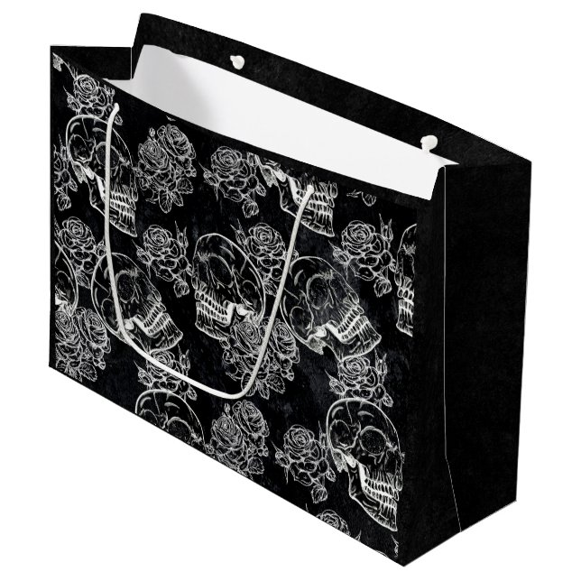 Schädel und Rose | Funky Gothic Glam Grunge Große Geschenktüte (Vorderseite Schrägansicht)