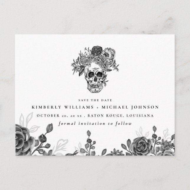 Schädel und Rose Halloween Save the Date Ankündigungspostkarte (Vorderseite)