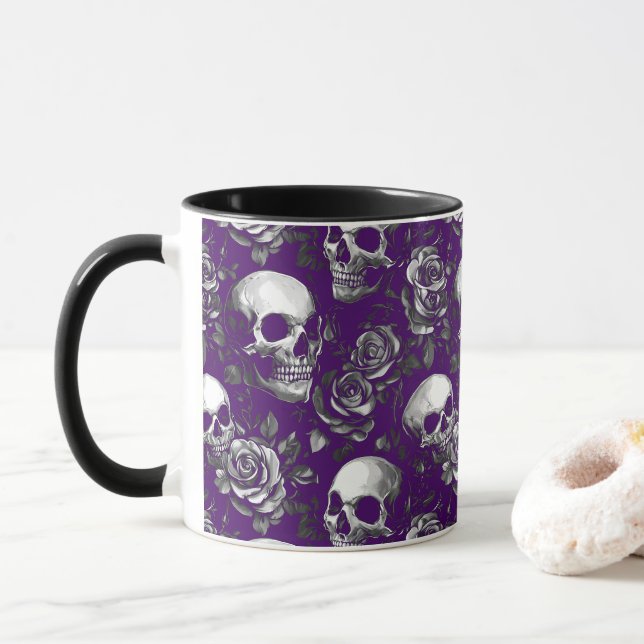 Schädel und Rose Lila Tasse (Mit Donut)