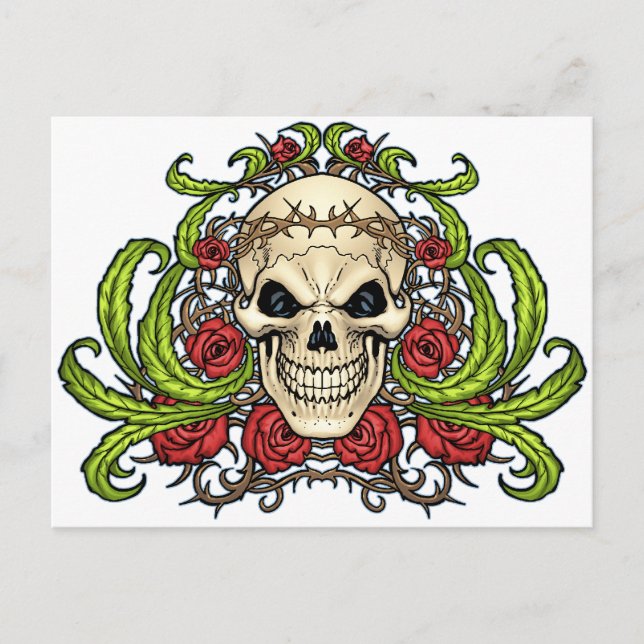 Schädel und Rose mit Kronen von Thorns von Al Rio Postkarte (Vorderseite)