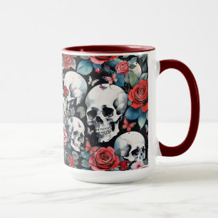 Schädel und Rose mit Schmetterlingen auf Schwarz Tasse