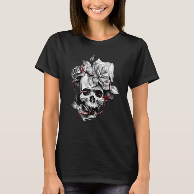 Schädel und Rose Rote Rosen Rumpf Halloween 1 T-Shirt (Vorderseite)