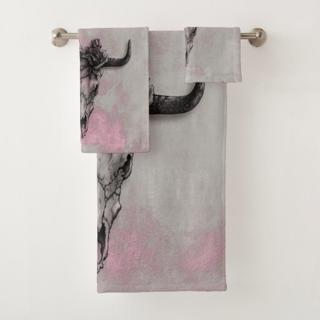 Schädel und Rose Rustikal Rosa Grau Badhandtuch Set (Insitu)