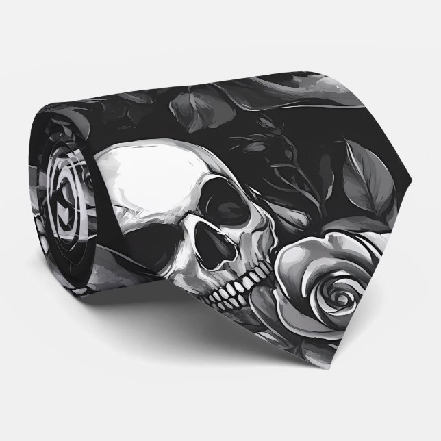Schädel und Rose Schwarzes Halloween Krawatte (Gerollt)
