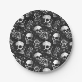 Schädel und Rose Schwarzes Halloween Pappteller