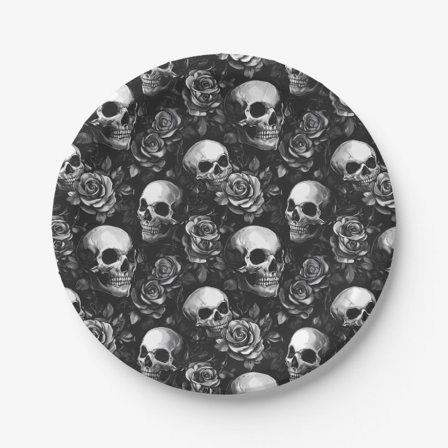 Schädel und Rose Schwarzes Halloween Pappteller (Vorderseite)