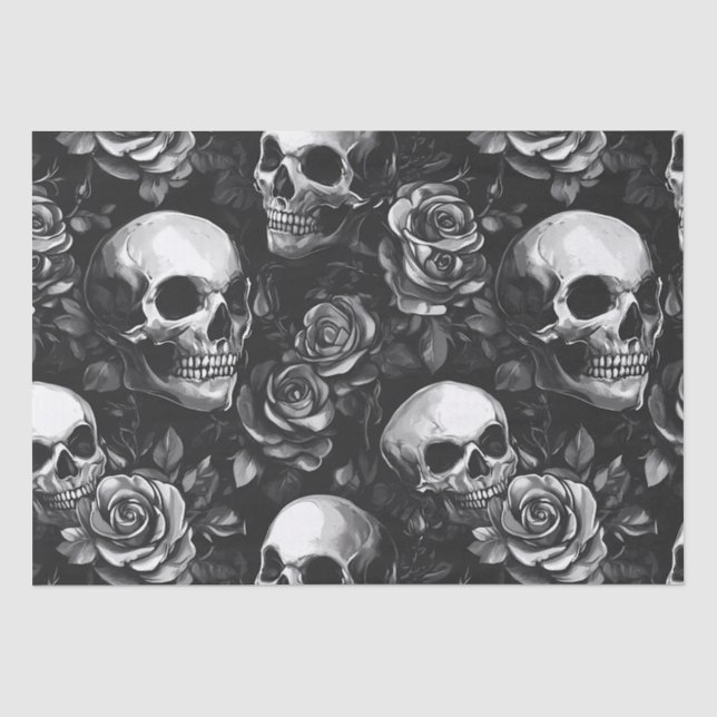 Schädel und Rose Schwarzes Halloween Seidenpapier (Vorderseite)