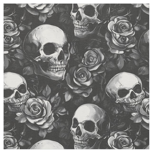 Schädel und Rose Schwarzes Halloween Stoff (Nahaufnahme)