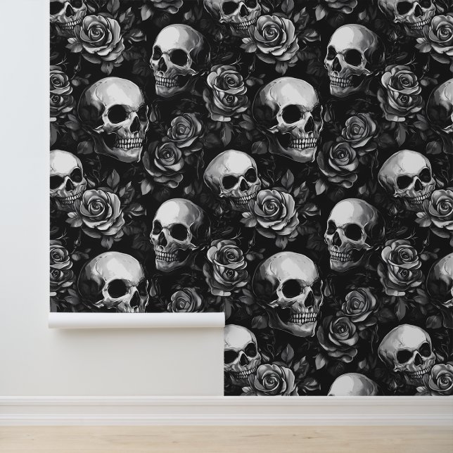 Schädel und Rose Schwarzes Halloween Tapete (Anwendung)