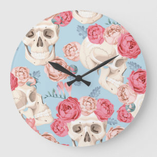 Schädel und Rose Vintages Muster Große Wanduhr