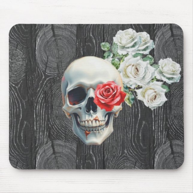 Schädel und Rosen Holztextur-Mauspad Mousepad (Vorne)