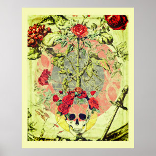 Schädel und Rosenbusch Poster