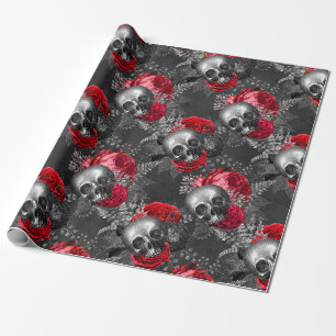 Schädel und rote Blume auf Grau Geschenkpapier