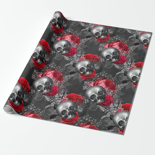 Schädel und rote Blume auf Grau Geschenkpapier (Ungerollt)