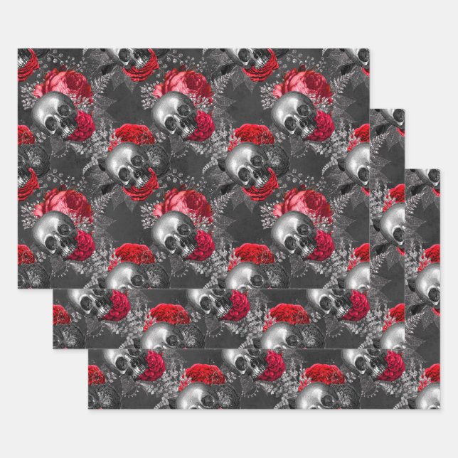 Schädel und rote Blume auf Grau Geschenkpapier Set (Set)