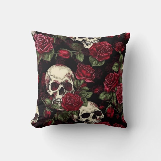 Schädel und Rote Rosen gotische Blüte Kissen (Vorderseite)