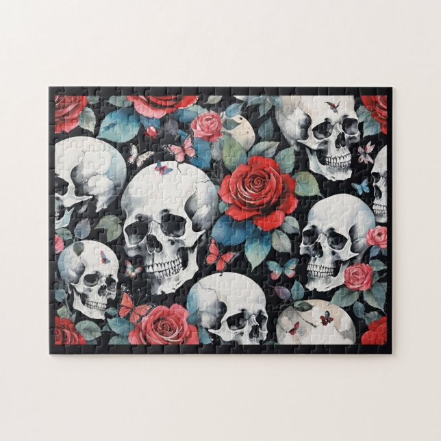 Schädel und Rote Rosen mit Schmetterlingen (Horizontal)