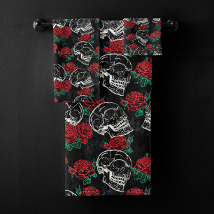 Schädel und Rote Rosen   Modern Gothic Glam Grunge Badhandtuch Set