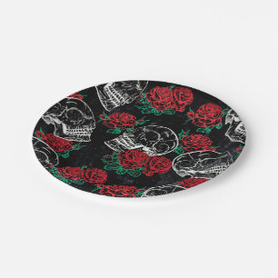 Schädel und Rote Rosen   Modern Gothic Glam Grunge Pappteller