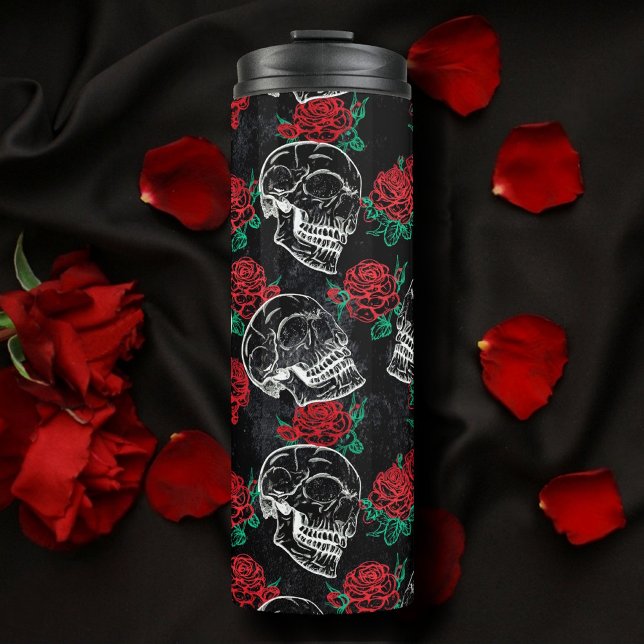 Schädel und Rote Rosen | Modern Gothic Glam Grunge Thermosbecher (Von Creator hochgeladen)