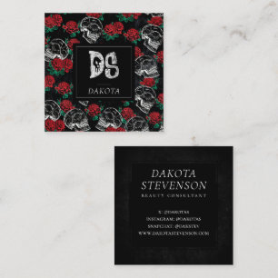 Schädel und Rote Rosen   Modern Gothic Glam Monogr Quadratische Visitenkarte