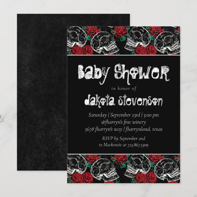 Schädel und Rote Rosen | Moderne Gothic-Babydusche Einladung (Vorne/Hinten)
